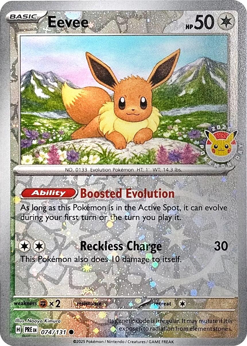 Eevee (074/131) (Pokemon Day 2025) (Reverse Cosmos Holo) [Scarlet & Violet: Prismatic Evolutions] | Exor Games Summserside