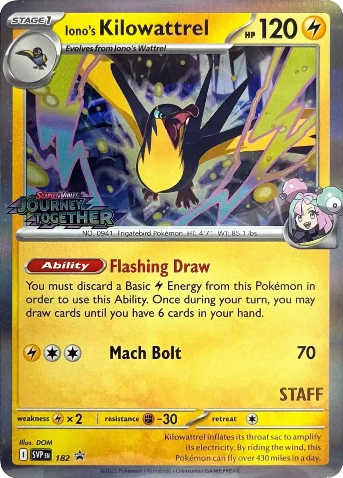 Iono's Kilowattrel (182) (Prerelease Staff) [Scarlet & Violet: Black Star Promos] | Exor Games Summserside