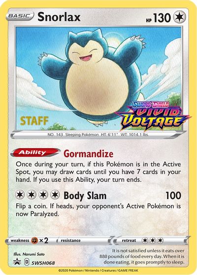 Snorlax (SWSH068) (Staff Prerelease Promo) [Sword & Shield: Black Star Promos] | Exor Games Summserside