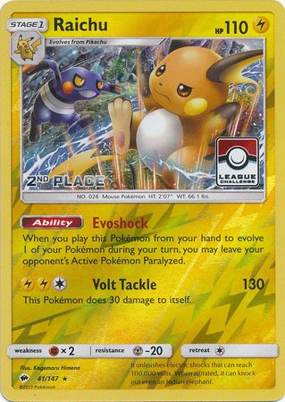 Raichu (41/147) (League Promo 2nd Place) [Sun & Moon: Burning Shadows] | Exor Games Summserside