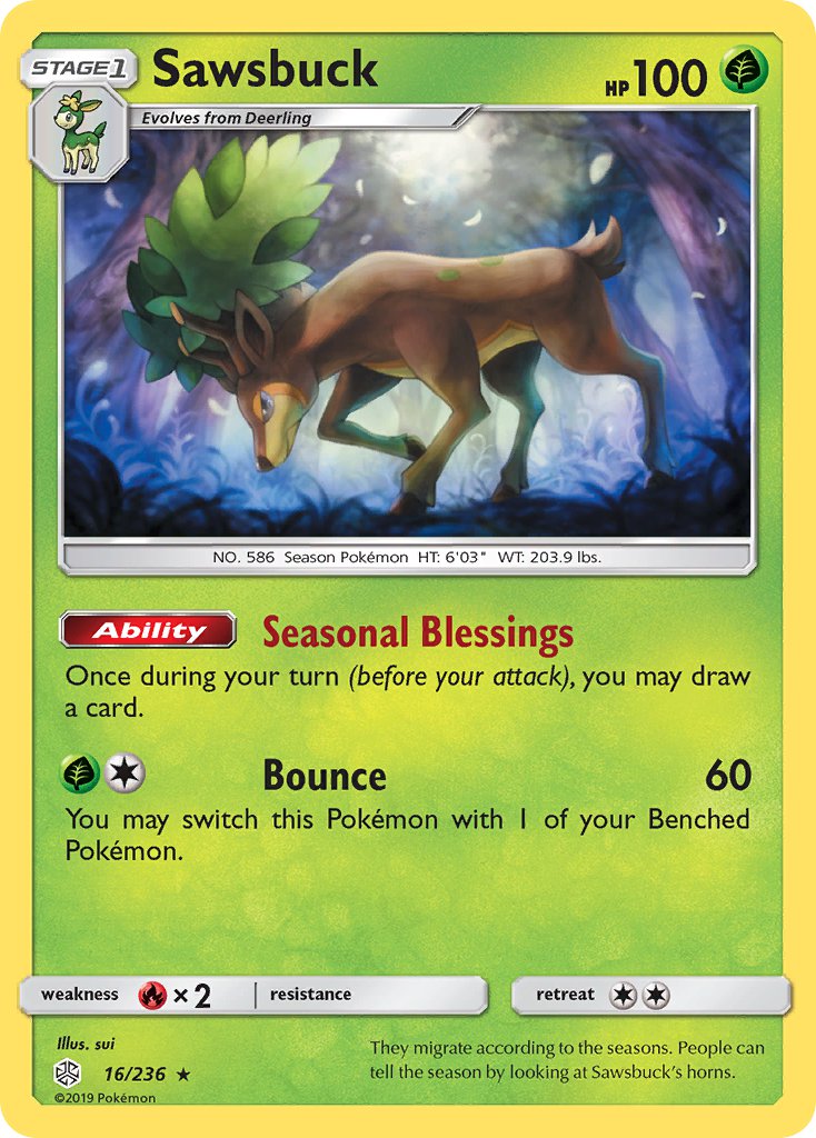 Sawsbuck (16/236) (Prerelease Kit Exclusive) (Theme Deck Exclusive) [Sun & Moon: Cosmic Eclipse] | Exor Games Summserside