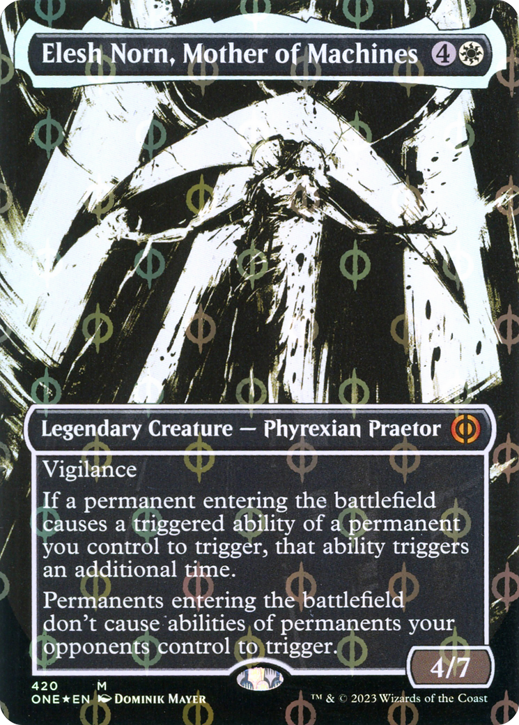 Elesh Norn, Mother of Machines (Borderless Ichor Step-and-Compleat Foil) [Phyrexia: All Will Be One] | Exor Games Summserside