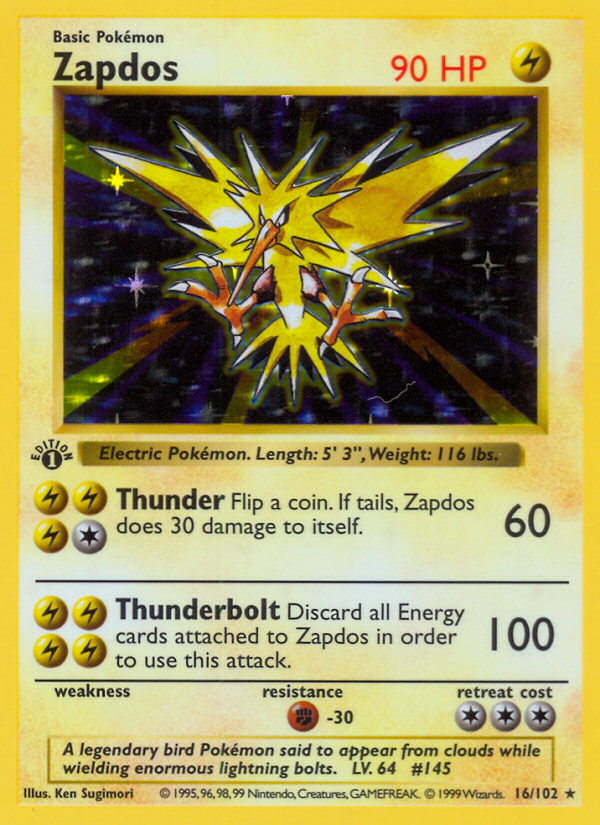 Zapdos (16/102) (Shadowless) [Base Set 1st Edition] | Exor Games Summserside