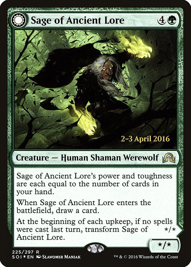 Sage of Ancient Lore // Werewolf of Ancient Hunger [Shadows over Innistrad Prerelease Promos] | Exor Games Summserside