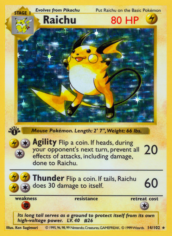 Raichu (14/102) (Shadowless) [Base Set 1st Edition] | Exor Games Summserside