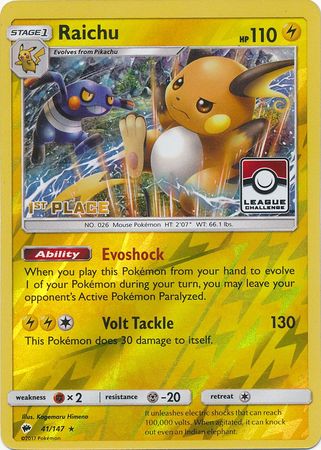 Raichu (41/147) (League Promo 1st Place) [Sun & Moon: Burning Shadows] | Exor Games Summserside