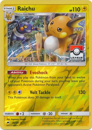 Raichu (41/147) (League Promo 4th Place) [Sun & Moon: Burning Shadows] | Exor Games Summserside